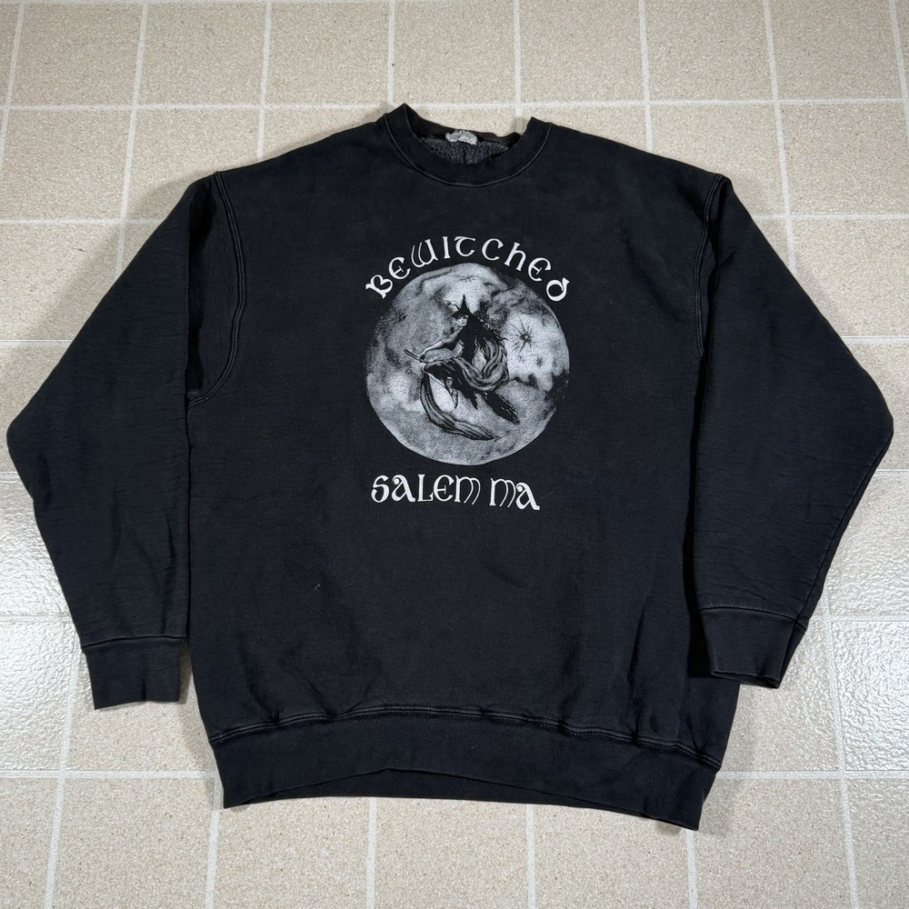 Vintage 90s Bewitched Salem MA Sweatshirt Sz XL Washed Black Grunge Emo Goth